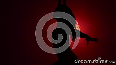 Schattenbild Aerialistmädchen, das die akrobatischen und flexiblen Tricks auf roten Luftseidengeweben auf rotem Hintergrund tut L Schattenbild Aerialistmädchen, das die akrobatischen und flexiblen Tricks auf roten Luftseidengeweben auf rotem Hintergrund tut L