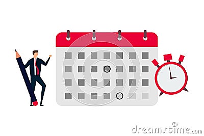 Schedule business appointment, businessman using pencil to mark important appointment date on calendar with alarm clock Stock Photo