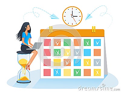 Schedule business calendar. Time management and tasks planning concept. Young businesswoman with laptop sitting on huge hourglass. Vector Illustration