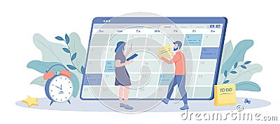 Schedule Management. Time planning, list of tasks online, to do reminder app, checklist, calendar application. Business people Vector Illustration