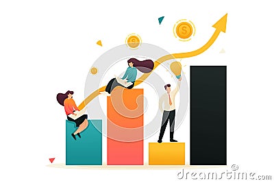 Schedule of revenue growth and achievement of goals. Girls sit on charts and work. Concept for web design Vector Illustration