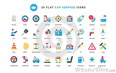 Scheduled diagnostics of vehicle and auto repair tools, car service trendy flat color icons set. Vector Illustration