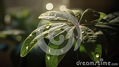 Schefflera Plant Glistens In Sunlight With Water Droplet Stock Photo