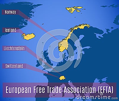 Schematic map of the European free trade Association EFTA. Vector Illustration