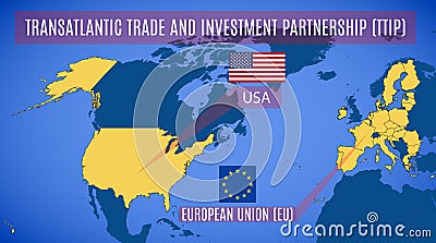 Schematic map of the Transatlantic Trade and Investment Partners Vector Illustration