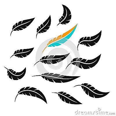 Schematic simple icons feathers. Silhouettes and stencils Stock Photo