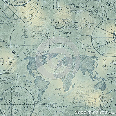 Schematic world map overlayed with mathematical sketches and formulas. Graphs, Stock Photo