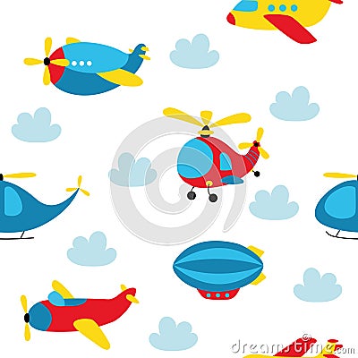 Seamless pattern of cute children's aviation, children's wallpaper with helicopters and planes. Vector Illustration