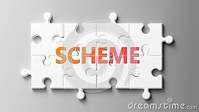 Scheme complex like a puzzle - pictured as word Scheme on a puzzle pieces to show that Scheme can be difficult and needs Cartoon Illustration