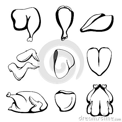 Scheme cutting chicken pictures in black and white style. Chicken pieces. Isolated on white background. Vector Illustration