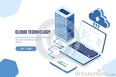 The scheme of data transmission, isometric secure connection, cloud computing, server room, datacenter and database Vector Illustration