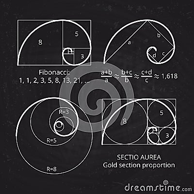 Scheme of golden ratio section, fibonacci spiral on blackboard vector illustration Vector Illustration