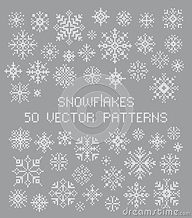 Snowflakes set. Cross stitch. 50 vector patterns. Winter decoration elements. Vector Illustration