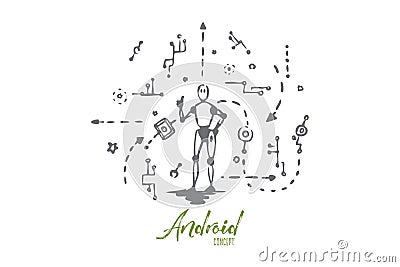 Scheme, machine, robot, technology, android concept. Hand drawn isolated vector. Vector Illustration