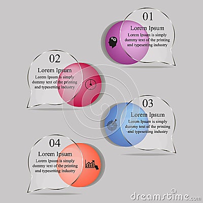 . Scheme of the process of elements by means of graphs, diagrams, transparent circles and ovals in four stages Stock Photo