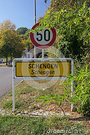 Schengen City Limit Sign on the Luxembourgish Tri-Border Stock Photo