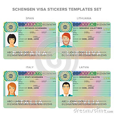 Schengen visa passport sticker templates for spain, lithuania, italy and latvia set Vector Illustration