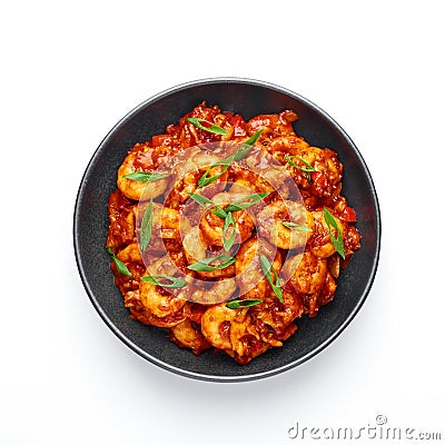 Schezwan Prawns isolated at white background. Schezwan Prawns is indo-chinese cuisine curry dish Stock Photo