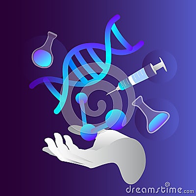 Schientific hand creating and researching Biohacking elements. Medical pharmaceuticals concept. Biological Self improvement Cartoon Illustration