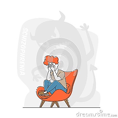 Schizophrenia Mental Disorder, Dissociative Identity. Female Character Crying Scare of Creepy Monster beside, Illness Vector Illustration