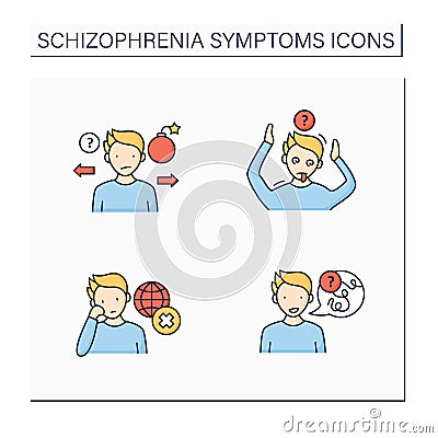 Schizophrenia symptoms color icons set Vector Illustration