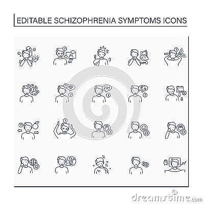 Schizophrenia symptoms line icons set Vector Illustration