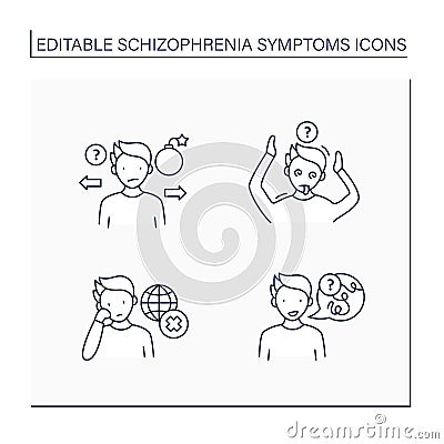 Schizophrenia symptoms line icons set Vector Illustration