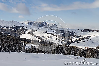 Schlern and Seiser Alm, Alpe di Siusi in South Tirol, SÃ¼dtirol, covered in Snow. Well known Landscape in Alto Adige Stock Photo