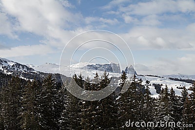 Schlern and Seiser Alm, Alpe di Siusi in South Tirol, SÃ¼dtirol, covered in Snow. Well known Landscape in Alto Adige. Sciliar with Stock Photo