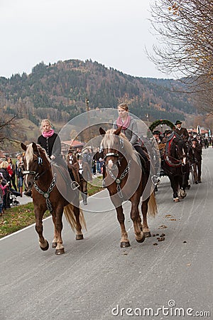 Schliersee, Germany, Bavaria 05.11.2017: Leonhardi ride in the Bavarian Schliersee Editorial Stock Photo