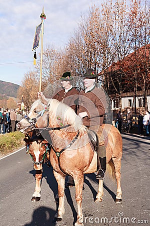 Schliersee, Germany, Bavaria 08.11.2015: pioneer with script in Leonhardifahrt in Schliersee Editorial Stock Photo