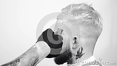 Schließen Sie oben vom Mannhaarschnitt Mann übergibt den Friseur, der Mann mit Elektrorasierer im Friseursalon rasiert Friseuraus stock footage Schließen Sie oben vom Mannhaarschnitt Mann übergibt den Friseur, der Mann mit Elektrorasierer im Friseursalon rasiert Friseuraus stock footage