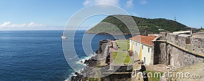 Oceanview from the Fort of SÃ£o SebastiÃ£o, partial view of the bastions and Mount Brazil, Angra do HeroÃ­smo, Portugal Stock Photo