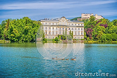 Schloss Leopoldskron with Hohensalzburg Fortress in Salzburg, Austria Stock Photo