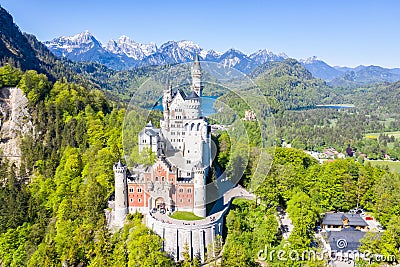 Schloss Neuschwanstein castle aerial view Alps landscape travel in Bavaria Germany Stock Photo