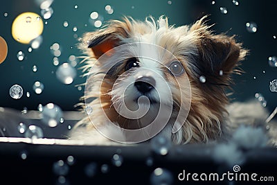 Schnauzer puppy bath with shampoo, perfect for pet shop or grooming salon. Copy space available Stock Photo