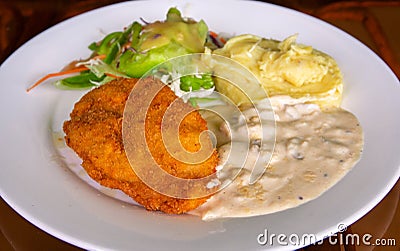 Schnitzel with mashed potato on white plate. Fried chicken cutlet top view photo on wooden table. Tasty lunch served Stock Photo