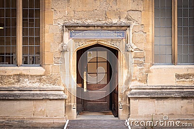 SCHOLA MORALS PHILOSOPHIAE, The famous historical location of University of Oxford, Bodleian Old Library, Oxford, England Editorial Stock Photo