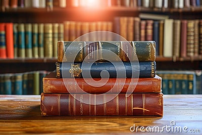 Scholarly collection Book stack on a wooden table background Stock Photo