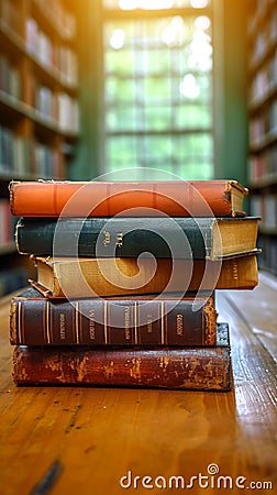 Scholarly collection Book stack on a wooden table background Stock Photo