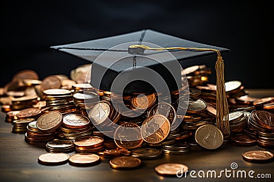 Scholarship dreams, graduation hat with coins on white backdrop Stock Photo