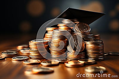 Scholarship dreams, graduation hat with coins on white backdrop Stock Photo