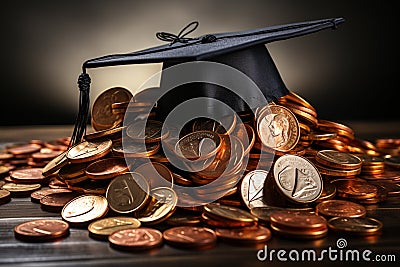 Scholarship dreams, graduation hat with coins on white backdrop Stock Photo