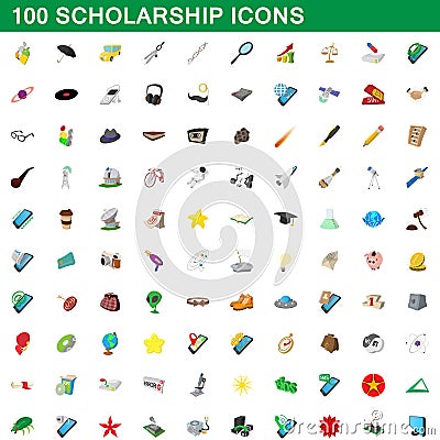 100 scholarship icons set, cartoon style Vector Illustration