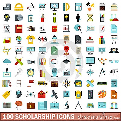 100 scholarship icons set, flat style Vector Illustration