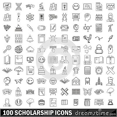 100 scholarship icons set, outline style Vector Illustration