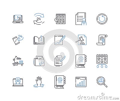 Scholastic devices line icons collection. Tablet, Laptop, E-reader, PC, Notebook, Smartboard, Chromebook vector and Vector Illustration