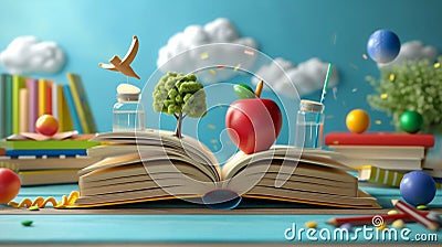 Scholastic Still Life with Globe, Books, and Apple. Generative ai Cartoon Illustration