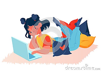 School-age girl lies with a laptop in a cozy home atmosphere, interior. Vector Illustration