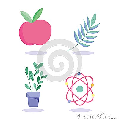 School apple potted plant atom molecule icons Vector Illustration